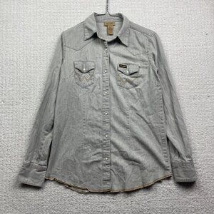 Wrangler Women’s Sz S Western Pearl Snap Gray Denim Shirt Stitching On Pocket